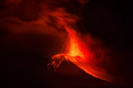 Tungurahua Volcano Spews Hot Lava And Ash At Night, February 2016, South Americaの写真素材