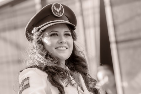 Banos De Agua Santa, Ecuador  - 29 November 2014: Black And White Portrait Of Young Woman Wearing The Uniform Of Navy In Banos De Agua Santa On November 29,のeditorial素材