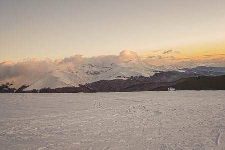 Winter Sunset In Carpathians Mountains Covered By Snow, Retezat, Romaniaの写真素材