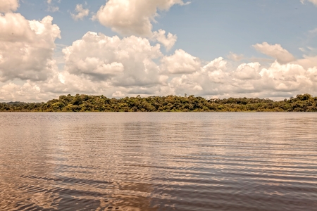 Blue Sky With White Clouds In Cuyabeno National Park, Ecuador, Sucumbios Province Over Laguna Grande
