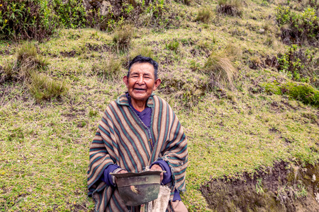 Quilotoa, Ecuador - 27 March 2015, Indigenous Villager Smiling At The Camera, Near Quilotoa Lake In South Americaのeditorial素材