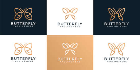 Set of minimalist golden butterfly logo for spa yoga decoration. Logo can be used for icon, brand, identity, symbol, fly, wing, elegance, nature, monogram, feminine, and weddingのイラスト素材