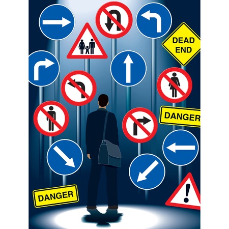 A businessman in front of road signsのイラスト素材