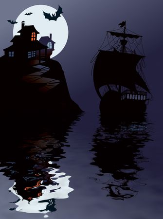 Sailing in Halloween night, perfect illustration for Halloween holidayの写真素材