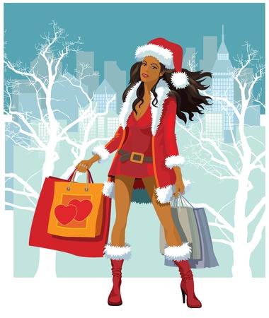 Christmas shopping, illustration of a girl with shopping bagsのイラスト素材