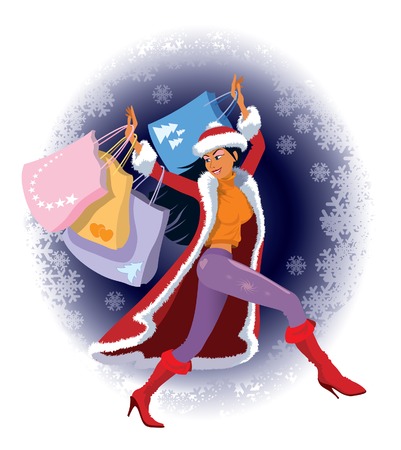 Winter background and a girl with shopping bagsのイラスト素材