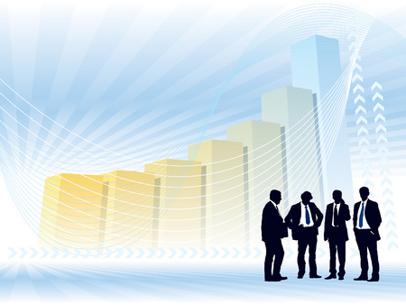 Teamwork and a large chart in the background, conceptual business illustration.のイラスト素材
