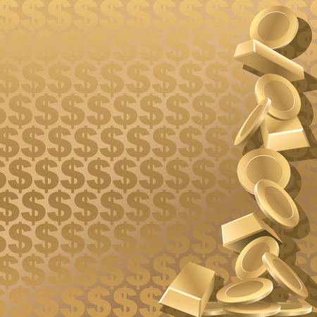 Gold coins and goldbars on a gold dollar background.のイラスト素材