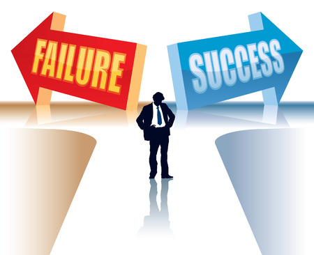 Businessman is standing in front of two direction signs, conceptual business illustration.のイラスト素材