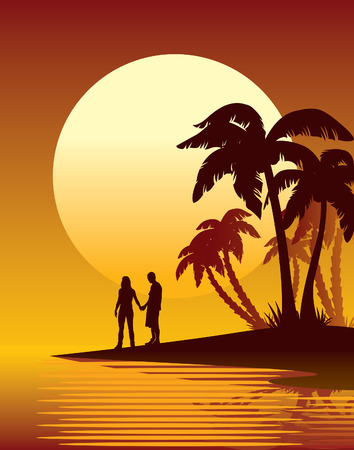 Couple looking at the sunset, tropical island, palm trees on a beach.のイラスト素材