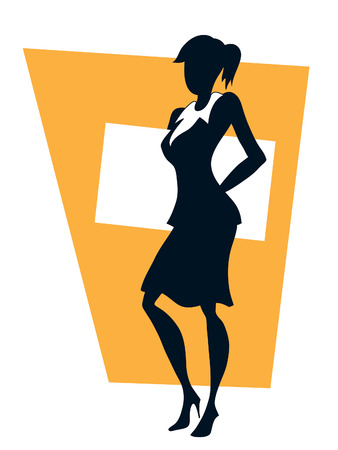 Businesswoman standing and holding a white empty posterのイラスト素材