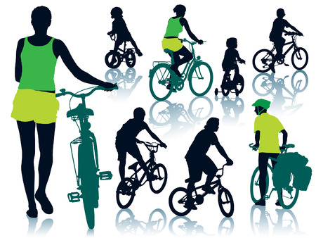 Collection of silhouettes of cycling people. Vector illustration.のイラスト素材