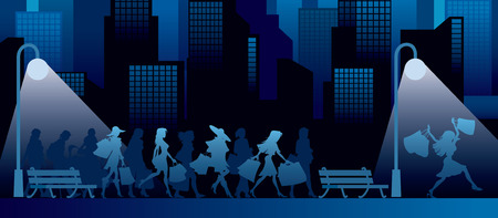 Girls with shopping bags, city at night in the backgroundのイラスト素材