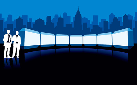 Businesspeople are standing in front of large billboard.のイラスト素材