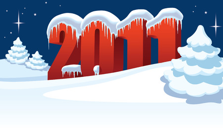 New Year 2011 and Christmas trees on winter white backgroundのイラスト素材