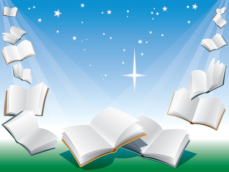 Open flying books, blue background with sunshine.のイラスト素材