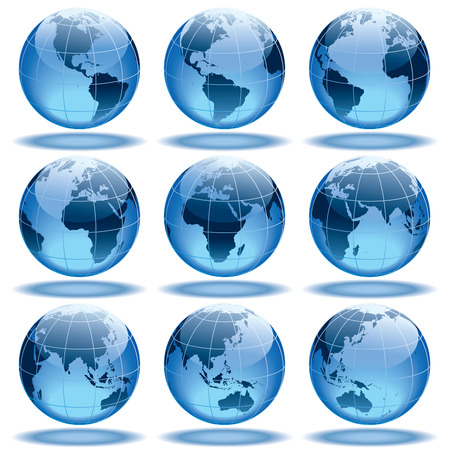 Set of nine globes showing earth with all continents. のイラスト素材