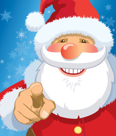 Smiling Santa Claus pointing at you, snowflakes in the background.のイラスト素材
