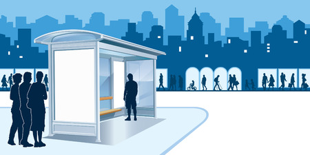 Bus stop with blank advertising billboard and people on a streetのイラスト素材