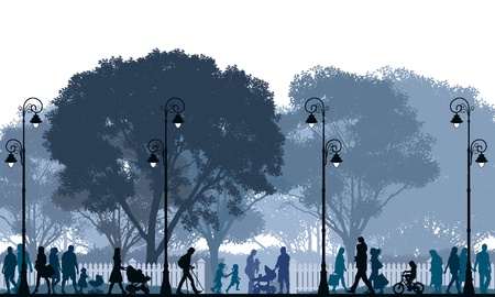Crowd of people walking on a street and in a park. のイラスト素材