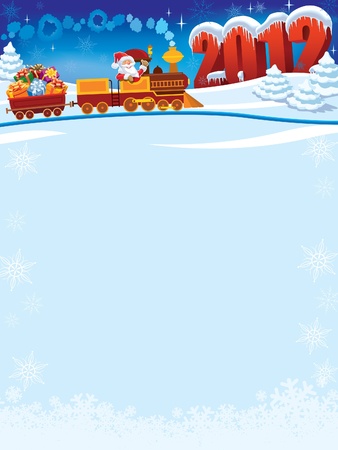 Santa Claus in a toy train with gifts, New Year in the background.のイラスト素材