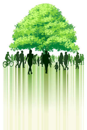 Crowd of people walking toward the treeのイラスト素材