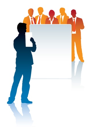 Man standing in front of a poster, and a group of businesspeople is behind the posterのイラスト素材