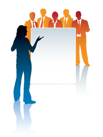 Woman standing in front of a poster, and a group of businesspeople is behind the posterのイラスト素材
