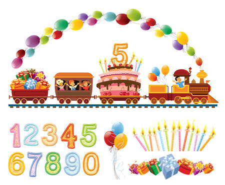 Happy children in a toy train with balloons, birthday cake and gifts.のイラスト素材