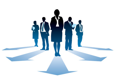 Five silhouettes of successful businesseople, everyone has own direction.のイラスト素材