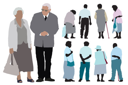 A set of elderly people silhouettes over white background.のイラスト素材