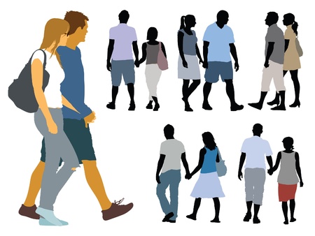A set of silhouettes, young people on a walk.のイラスト素材