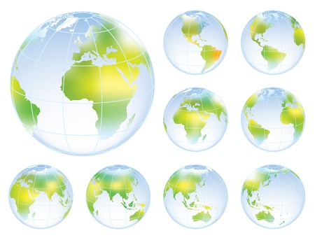 Set of nine globes showing earth with all continents. のイラスト素材