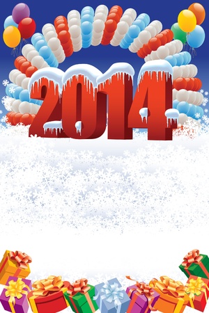 New Year 2014 on white winter background with balloons and giftsのイラスト素材