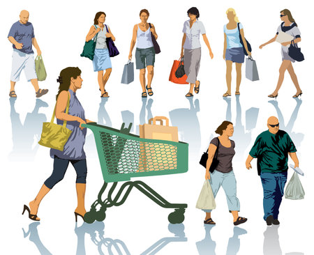Set of people silhouettes. Happy shopping people holding bags with products.のイラスト素材