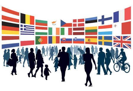 Crowd of people walking to national flags of european countries.のイラスト素材