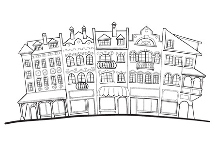 Drawing of old city street facades, houses and shopsのイラスト素材