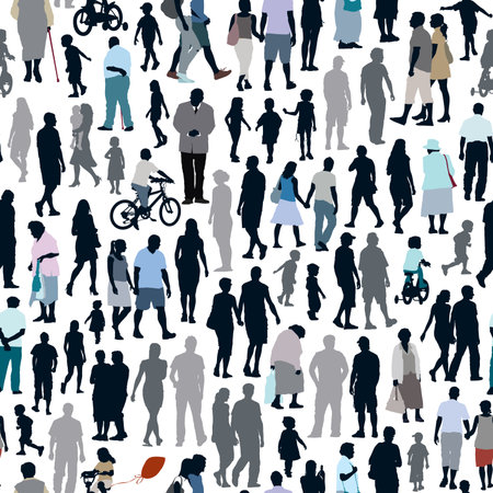 Crowd of people, pattern with men, women and children silhouettes.のイラスト素材