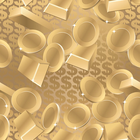 Gold pattern with gold coin and gold ingotsのイラスト素材
