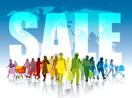 Colorful crowd of shopping people in front of world map and white large word - sale.のイラスト素材