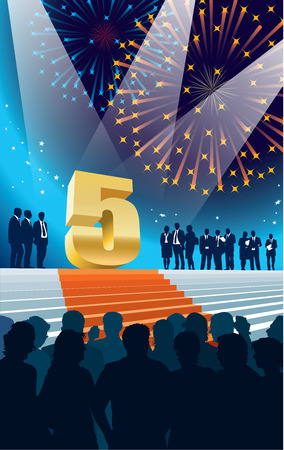 Crowd of businesspeople celebrating fifth anniversary, fireworks in the background.のイラスト素材