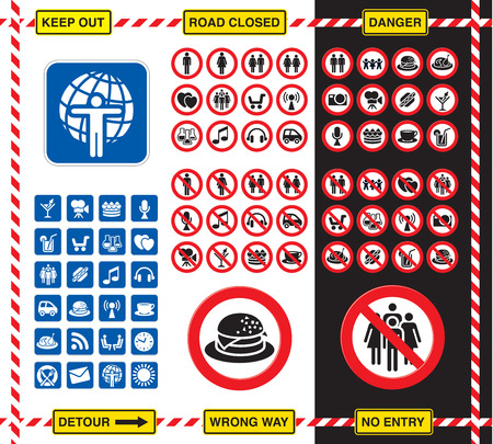 Collection of road signs and icons over white and black backgroundのイラスト素材