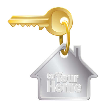 Home key with ring and house shaped keychain on white background.のイラスト素材