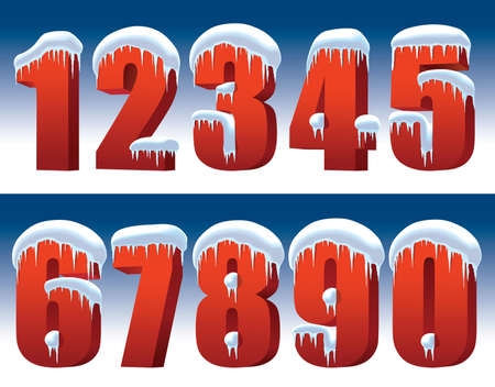 Red numbers with snow and icicles on a blue background perfect for New Year decorationのイラスト素材