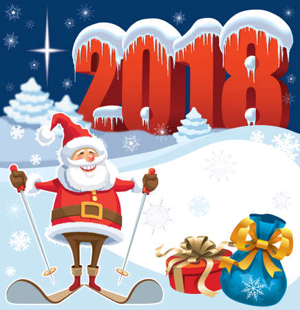 Skiing Santa Claus in New Year 2018 with gifts and christmas decorationのイラスト素材