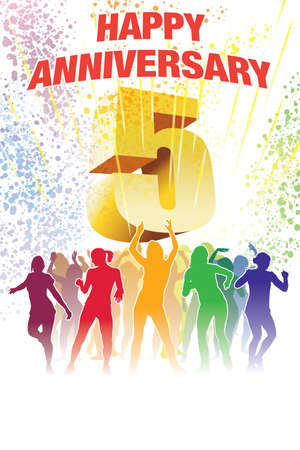 Colorful crowd of dancing people celebrating fifth anniversary.のイラスト素材