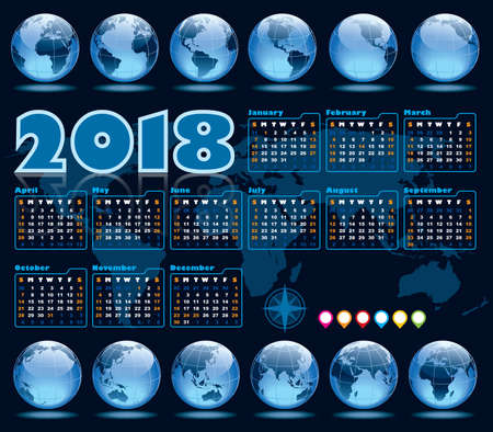 Calendar for 2018, weeks starts on Sunday and set of globes showing Earth with all continents.のイラスト素材