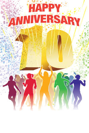Colorful crowd of dancing people celebrating tenth anniversaryのイラスト素材