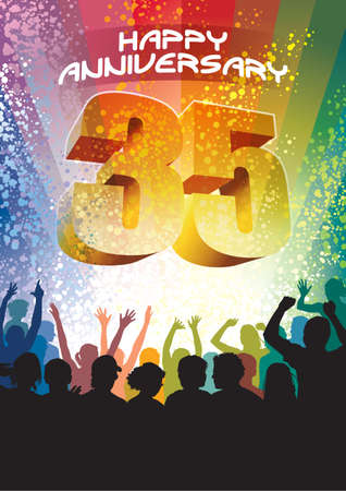 Colorful crowd of cheering people celebrating thirty-fifth anniversary.のイラスト素材
