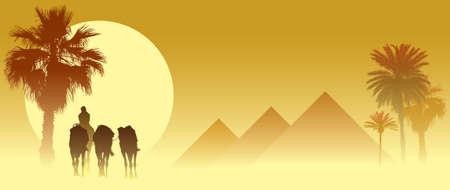 Camel caravan going through the sandstorm in the Sahara Desertのイラスト素材